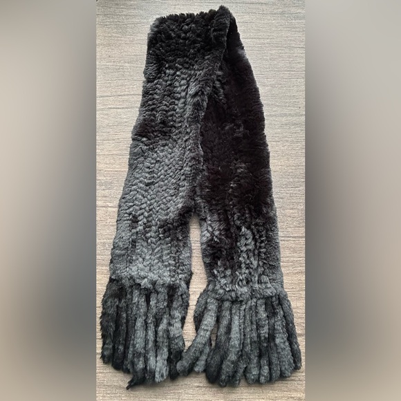 Black Natural Rabbit Fur Scarf Stole with Fringe - Picture 2 of 2